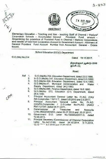 G.O Ms : 214 - பள்ளிக்கல்வி- மாநகராட்சி பள்ளி ஆசிரியர் மற்றும் ஆசிரியரல்லாத பணியாளர்களின் வருங்கால வைப்புநிதி கணக்குகளைபொது வைப்புநிதியாக மாற்றி மாநில கணக்காயர் தொகுப்புக்கு அனுப்ப ஆணை