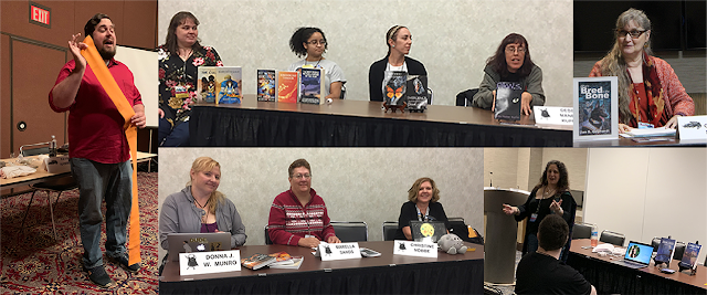 Photos from the “writing side” of Archons 42 and 43, held in 2018 and 2019. These photos show a variety of people engaged in panel discussions, readings, and demonstrations.