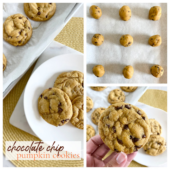 Collage of Chocolate Chip Pumpkin Cookies on baking tray, white plate and hand holding a cookie.