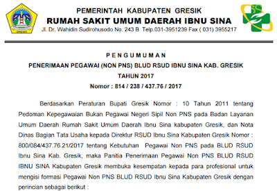  kembali saya bakal memperlihatkan isu terkait penerimaan pegawai Non PNS BLUD Pengumuman Penerimaan Pegawai Non PNS BLUD RSUD Ibnu Sina Kabupaten Gresik