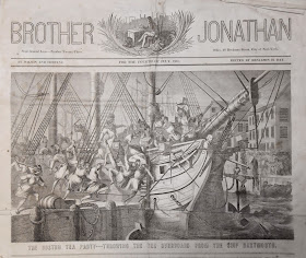 An 1851 newspaper showing a large illustration of the Boston tea Party.