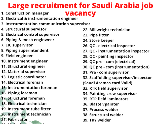 Large recruitment for Saudi Arabia job vacancy