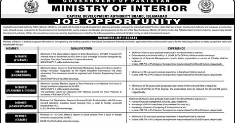 Ministry of Interior Jobs 2019 for Capital Development Authority CDA Islamabad Latest