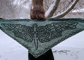 a person facing a snow covered scene, spreading their arms out to show a green and black shawl patterned like a dragonfly.