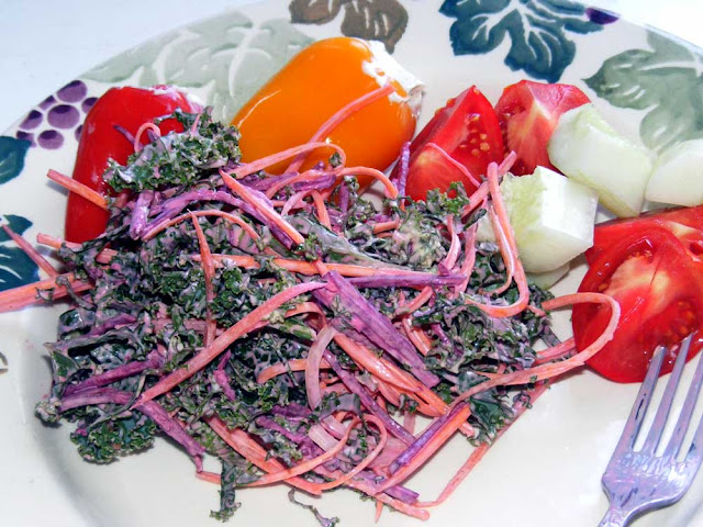 Vegetarian meal -- kale slaw, cream cheese stuffed mini peppers, cucumber and tomatoes. Photo by Loire Valley Time Travel.