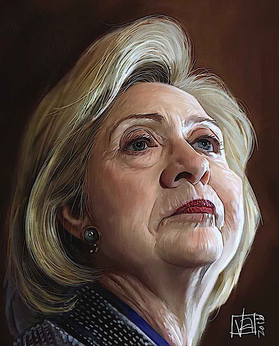 Hillary Clinton in a caricature looking weary but proud
