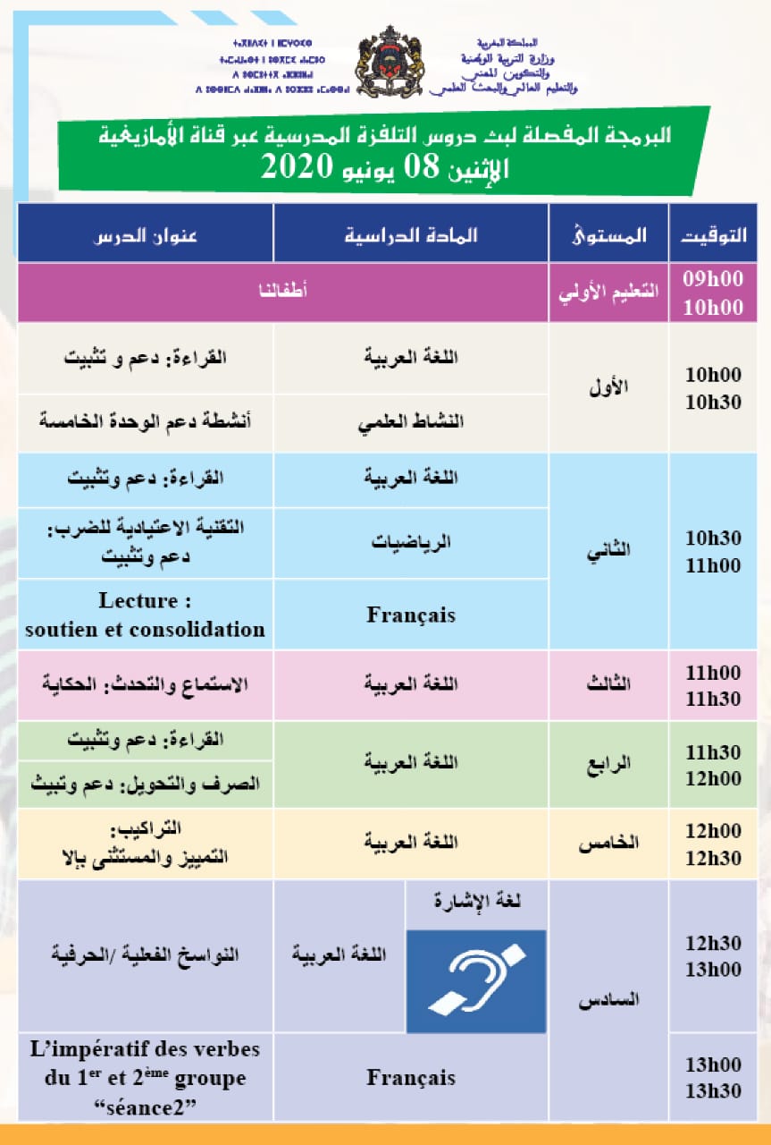 البرمجة المفصلة لبث دروس التعليم عن بعد على قنوات "الثقافية" و"العيون" و" الأمازيغية " ليوم الإثنين 08 يونيو 2020 