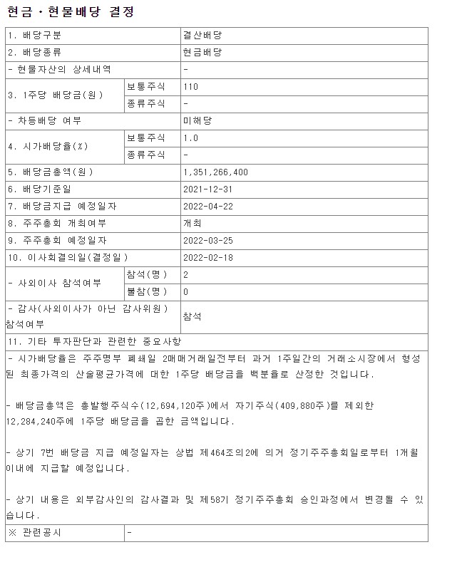 2021년 한국석유공업 배당금 총액 시가배당율 기준일 KOREA PETROLEUM 004090 한국거래소