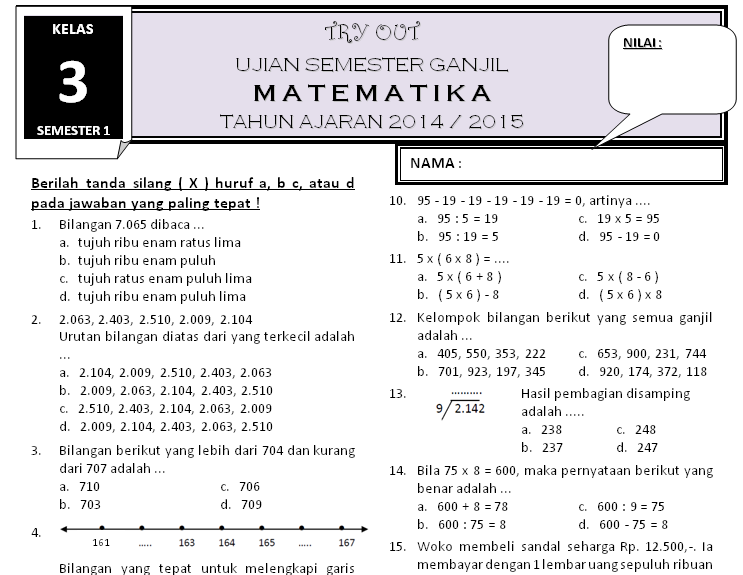 Download Soal UAS Semester 1 Matematika Kelas 3 ~ Rief Awa Blog : Download Kumpulan Soal Ujian 