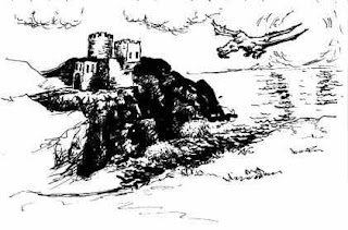 black and white picture of a dragon over a castle - drawn ages ago