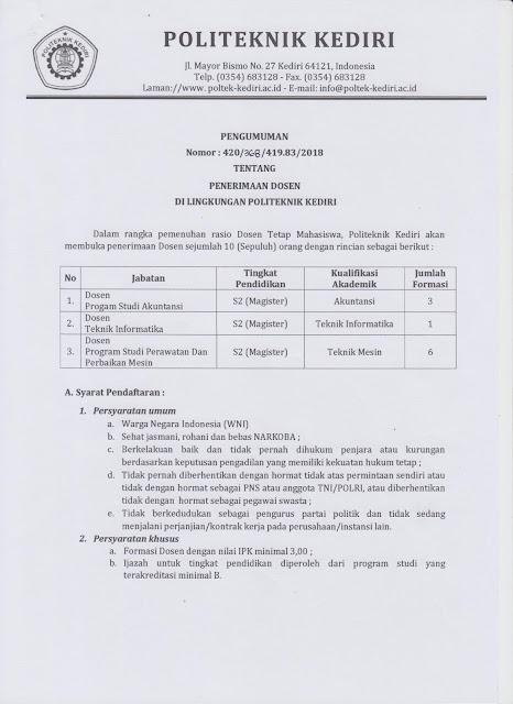  Lowongan kerja dosen terbaru kali ini bersumber dari Politeknik Kediri Penerimaan Dosen Di Lingkungan Politeknik Kediri