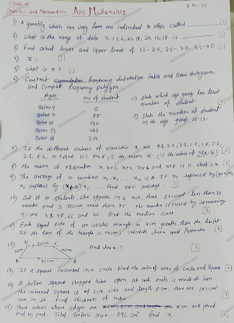 Class 9 Statistic Mensuration Written test FM 30