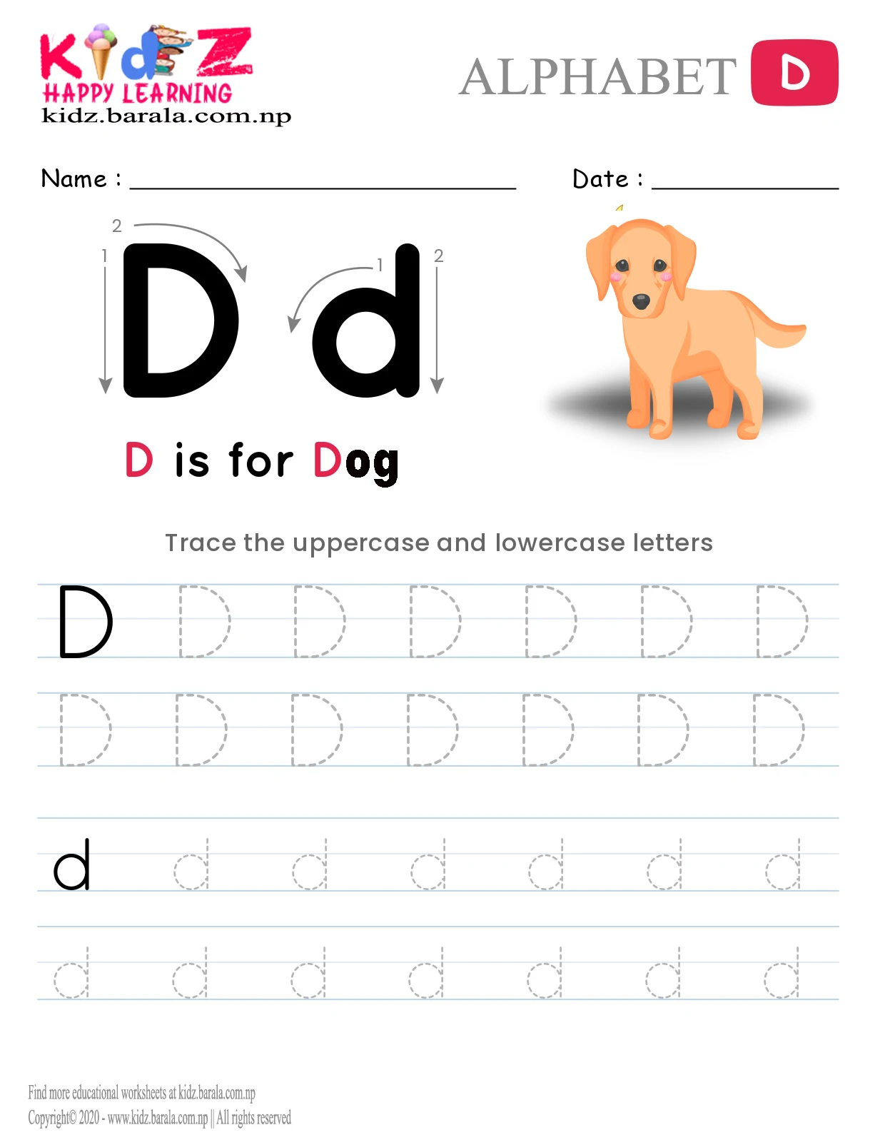 Alphabet D tracing worksheet free download .pdf