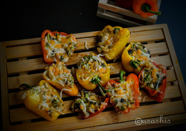 Grilled Mini Bell peppers, Vegetarian dish, Bell peppers, How to grill bell peppers, Bell peppers grilling, vegetable grilling, Cheese stuffed bell peppers, mushroom stuffed bellpeppers, homemade, shadesofcooking