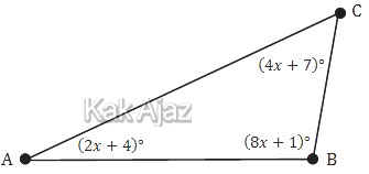 Gambar segitiga ABC, dengan ∠A=2x+4, ∠B=8x+1, dan ∠C=4x+7, gambar soal matematika SMP UN 2019