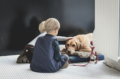Small children sitting on floor with dog