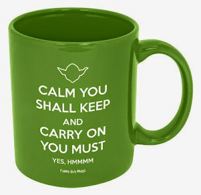 A variation on Keep Calm and Carry On, this mug features Yoda speaking and reads Calm You Shall Keep and Carry On You Must. Yes, hmmm.