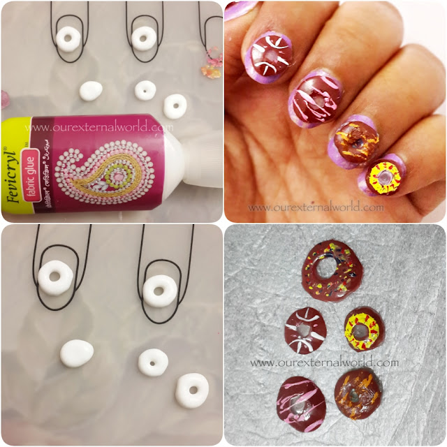 How To Do 3D Donut Nail Art, fabric glue, bestie twin nails