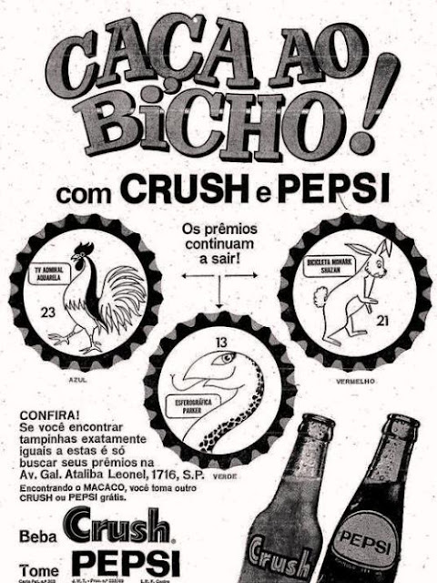 Promoção da tampinha premiada dos refrigerantes Crush e Pepsi: animais estampados no verso da tampinha.