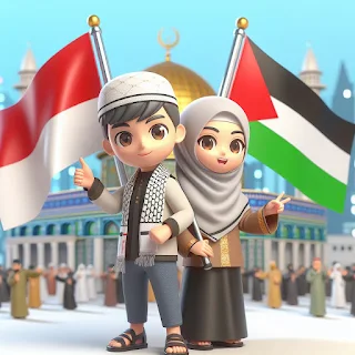 Gambar Anak Laki Laki Muslim dan Anak Perempuan Muslim Membawa Bendera Palestina dan Indonesia Latar Belakang Masjid AlAqsa Lucu 3D