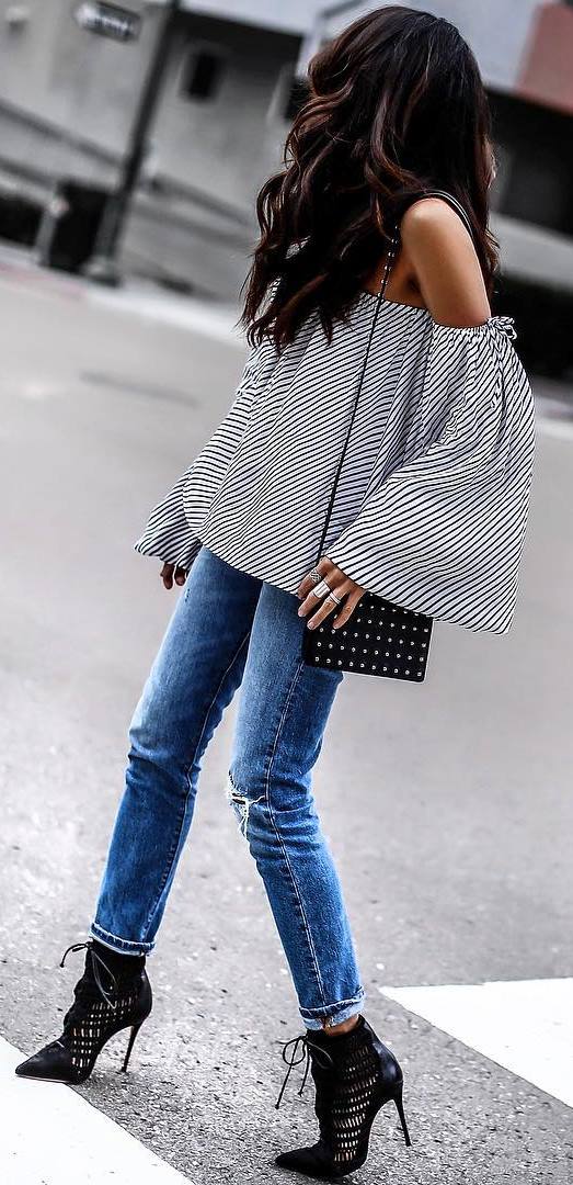 top + bag + jeans + heels
