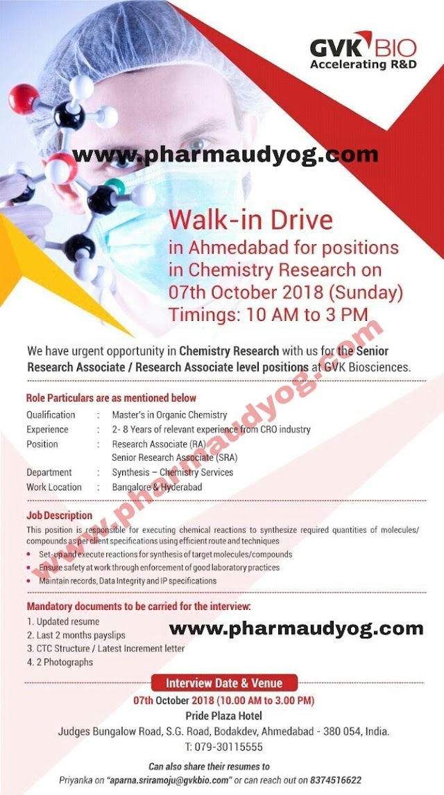 GVK bio | Walk-In for Research Chemistry | 7th October 2018 | Ahmedabad