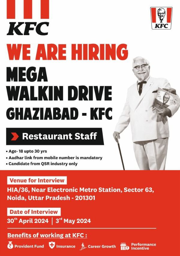 Restaurant Staff Vacancy for KFC in Ghaziabad, UP