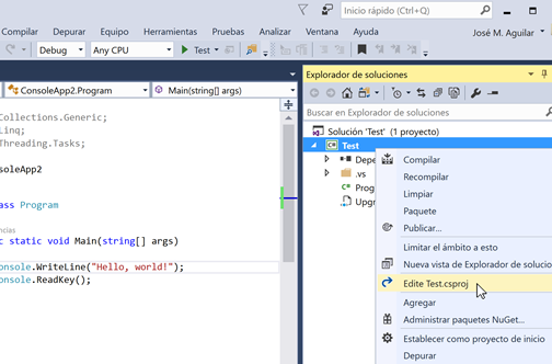 Opción "Editar .csproj" en el menú contextual del proyecto de Visual Studio