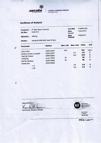 Certificate of Analysis (COA) Karbon Aktif Jacobi AquaSorb 2000