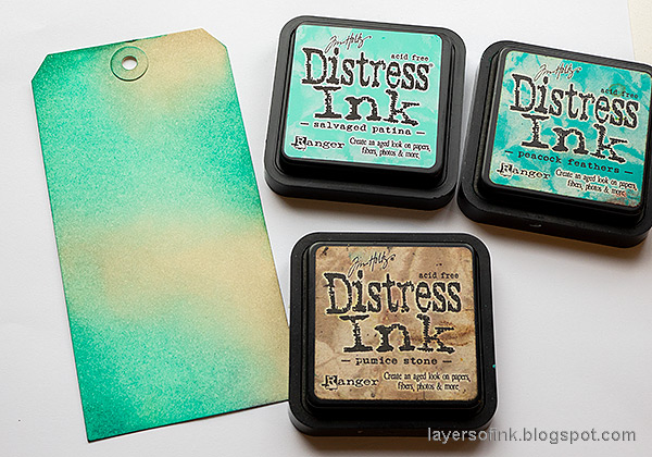 Layers of ink - Salvaged Patina Tag Tutorial by Anna-Karin Evaldsson. Ink with Distress Ink.