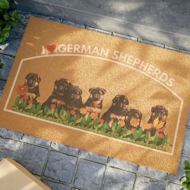 Doormat With Seven Cute European Black Sable German Shepherd Puppies Sitting in a Row and Caption I Love German Shepherds