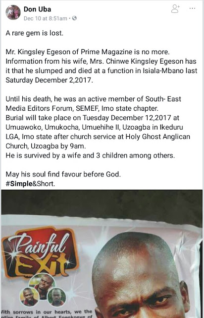 Photo: 34-year-old journalist slumps, dies during a function in Imo State