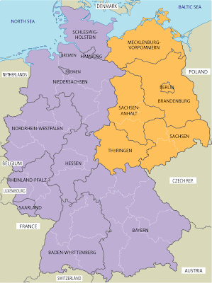 Simple WEt Germany East Germany map showing administrative regions