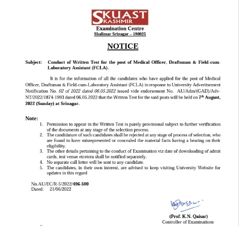 SKUAST Conduct of Written Test for the post of Medical Officer, Draftsman & Field-cum Laboratory Assistant