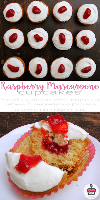  These vanilla cupcakes have a delicous raspberry filling and a light and fluffy mascarpone frosting.