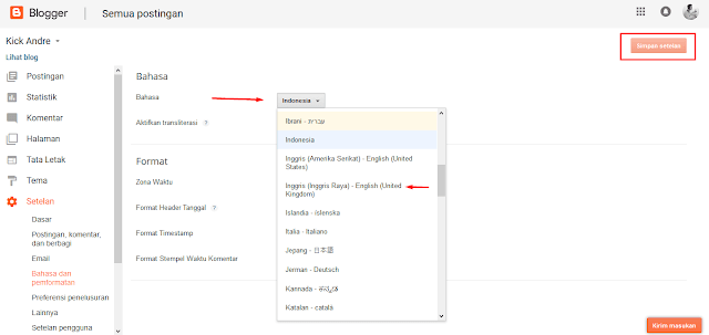 Tampilan menu setelan di blogger 2