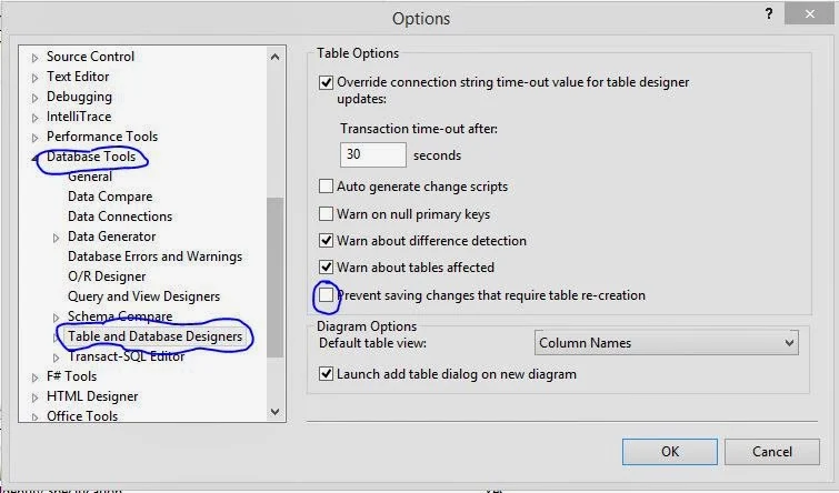 Database designer tools options
