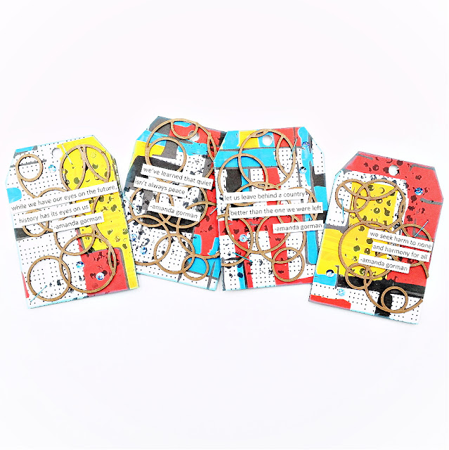 Yellow, Red, and Blue Abstract Art Chipboard Tags with Inspiring Words by Amanda Gorman
