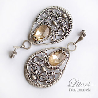 silver earrings with zircon, wire-wrapping,litori