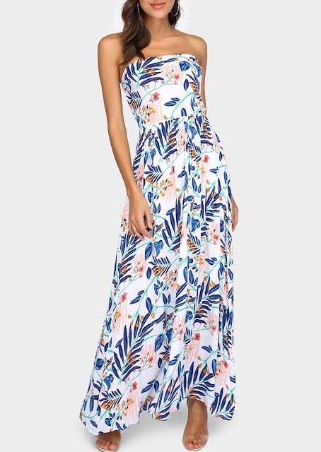 Floral Leaf Strapless Maxi Dress