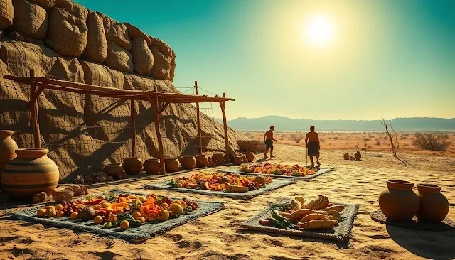 An ancient scene depicting food dehydration techniques, featuring sun-dried fruits and vegetables laid out on woven mats, clay pots for storage, a rustic wooden drying rack, and an arid landscape under the bright sun, with silhouettes of early humans tending to the food.
