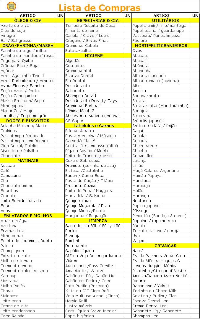 Lista de Compras de Supermercado para imprimir Organize sem 