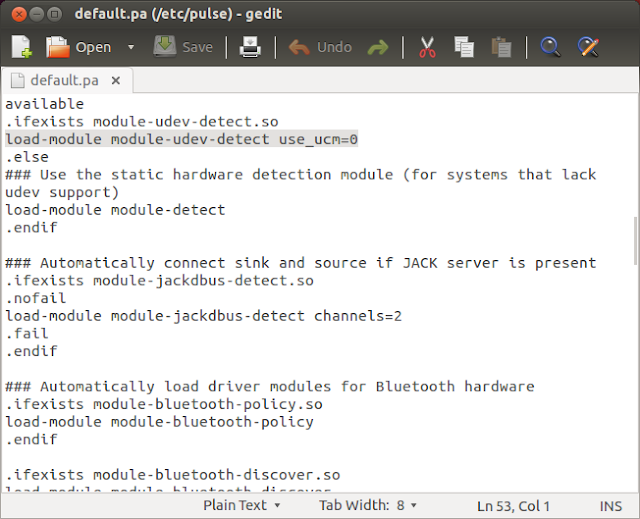 Edit line 53 of pulse audio default.pa file Ubuntu 13.04