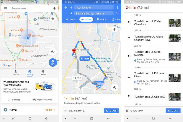 Cara menggunakan rute sepeda motor di aplikasi Google Maps.