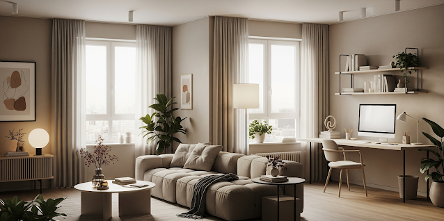 Interior ruang tamu modern yang fungsional dengan palet warna netral. Terdapat sofa besar yang nyaman di satu sisi dan area kerja minimalis dengan komputer di sisi lain, menyatukan area santai dan fokus dalam satu ruangan yang diterangi cahaya alami.