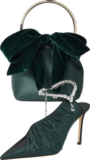 ♦Jimmy Choo Sadia dark green Taffeta pumps with crystal anklet & Bon Bon bucket bag #jimmychoo #shoes #bags #green #brilliantluxury