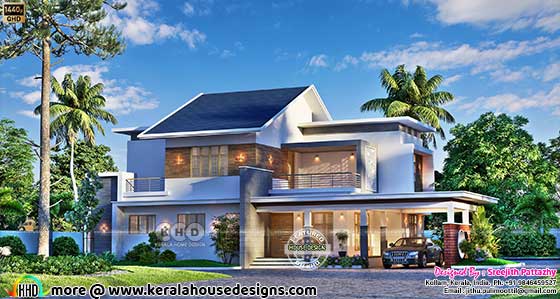 4 BHK mixed roof house design 2445 sq-ft