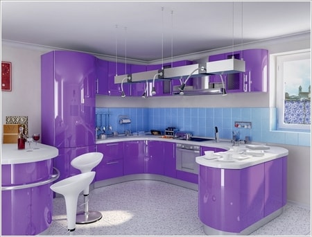 Contoh desain dapur minimalis warna ungu