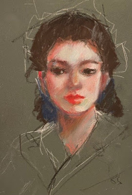 portrait of woman, pastel pencils, loose drawing