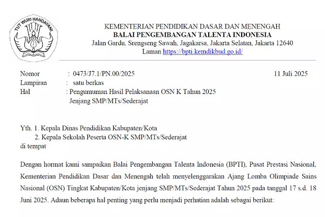 Pengumuman Hasil Lolos OSN-P Jenjang SMP/MTs Tahun 2025